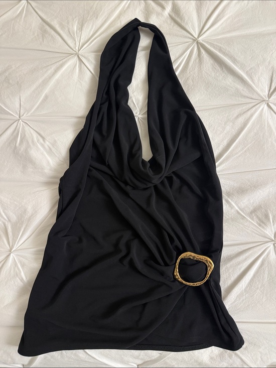 Zara Tops - Backless Black Halter Top with Gold Ring Detail